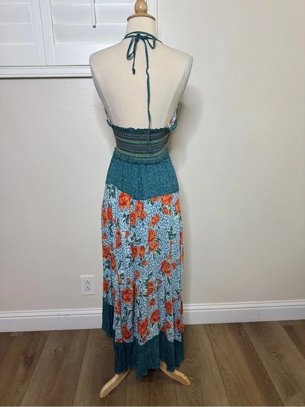 Free People Teal Halter Backless Maxi Dress with Orange Floral Print - Picture 7 of 8